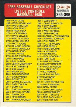 1986 O-Pee-Chee Baseball Cards 396     Checklist 265-396